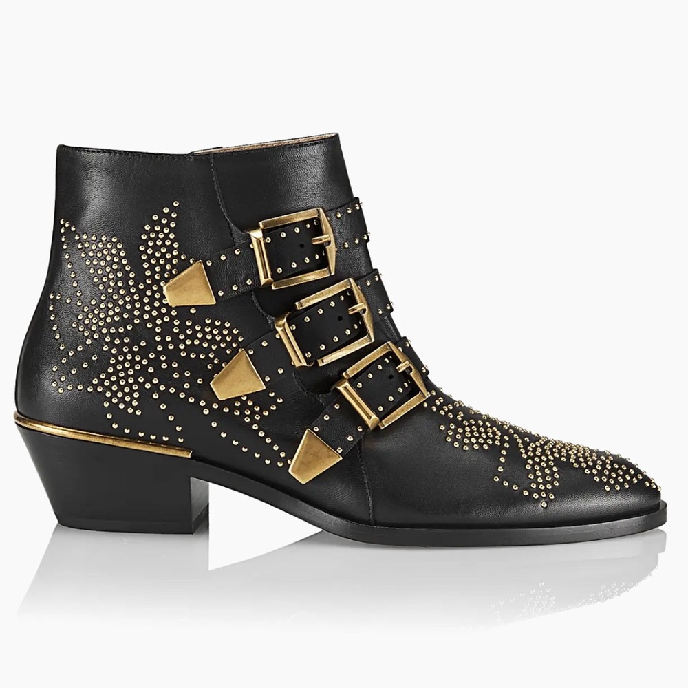 Chloe Black and Gold Ankle Boots with Buckle Straps